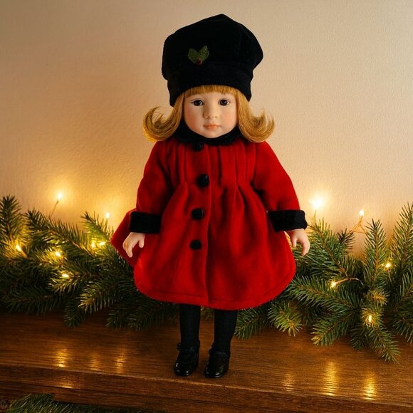 Vintage Christmas Porcelain Doll Red Coat Holiday Mantel Decor - Picture 1 of 9
